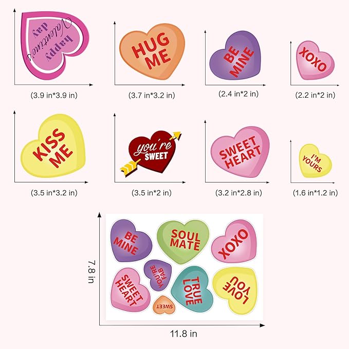 AKEROCK Valentines Day Window Clings, Colorful Heart Shaped Reusable Static Window Stickers for Home, Bathroom, Office Decor