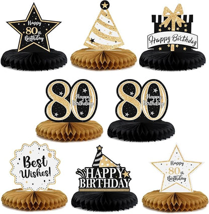 Happy 80th Birthday Decorations,80th Bday Gold Glitter Shiny Stand Honeycomb Table Centerpieces - Cheers to Eighty Years Old Birthday Party Photoprop Gift Sign.