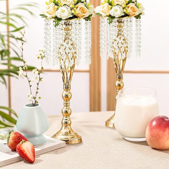 2 Pcs 21.7 Inch Gold Crystal Flower Stand Wedding Centerpieces for Table, Tall Metal Flower Arrangement Stand with Metal Chandelier Tabletop for Event, Birthday, Home Decor