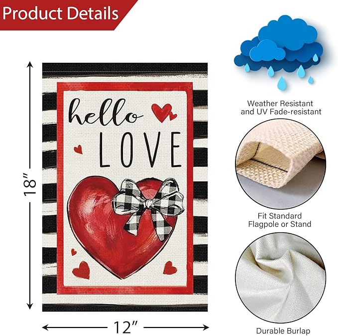 Louise Maelys Valentine's Day Garden Flag Hello Love Heart 12x18 Inch Double Sided Flower Welcome Small Burlap Spring Holiday Yard Outdoor Outside Home House Decoration