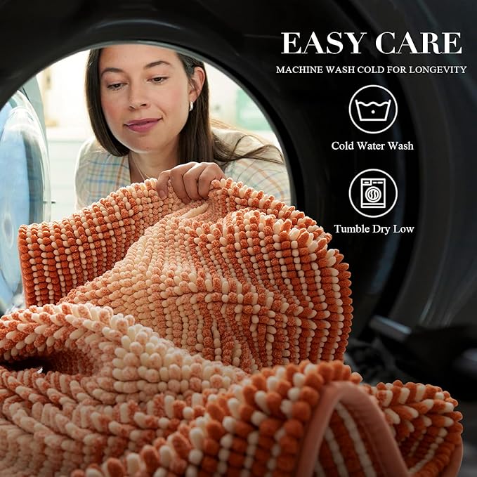 BSICPRO Large Bath Rugs, Non Slip 20 x 47 Inches Water Absorbent Chenille Floor Mats Machine Washable (Pumpkin Orange)