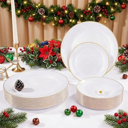 Festiva 350Pcs Gold Plastic Plates - White and Gold Dinnerware Set Disposable include 10" & 7" Plates,Cups,Silverware,Napkins -serve 50 Guests Perfect for Wedding& Chritmas & Party