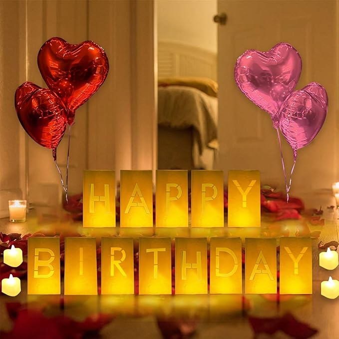 Happy Birthday Lighted Letters Sign 13pcs Luminary Paper Bags 48pcs Flameless LED Candle Tealight 2000pcs Red Pink Rose Petals 15pcs Heart Balloons Romantic Night Valentine's Day Decorations