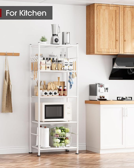 Storage Shelves - 5-Tier Large Capacity Shelf Organizer with Hooks, Heavy-Duty Garage Shelving with Leveling Feet, Wobble-Free Rack for Bedroom, Balcony, Garage, 18.1"×12.4"×56.8", White