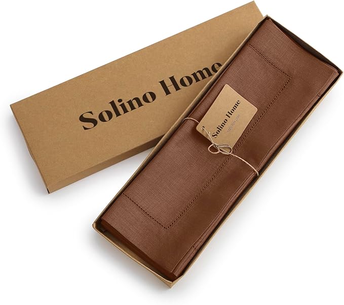 Solino Home Linen Placemats Set of 4 - Classic Hemstitch Brown Placemats 14 x 19 Inch - 100% Pure Linen Table Mats for Fall, Autumn