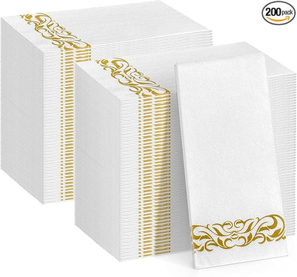 200 Pack Napkins Disposable Guest Towels Linen-Feel Decorative Napkins Soft and Absorbent Dinner Paper Hand Towels for Bathroom Party Powder Room Hotel Fancy Restaurant (200 Gold Floral)