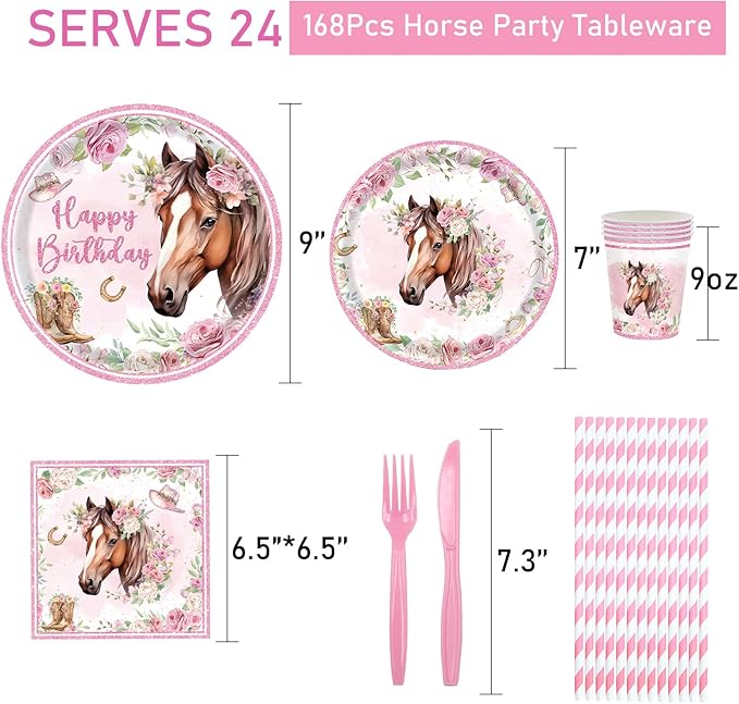 168Pcs Horse Party Supplies Cowgirl Horse Birthday Plates and Napkins Cups Disposable Tableware for Pink Wastern Girls Birthday Baby Shower Cowgirl Party Decorations, Serves 24 Guests
