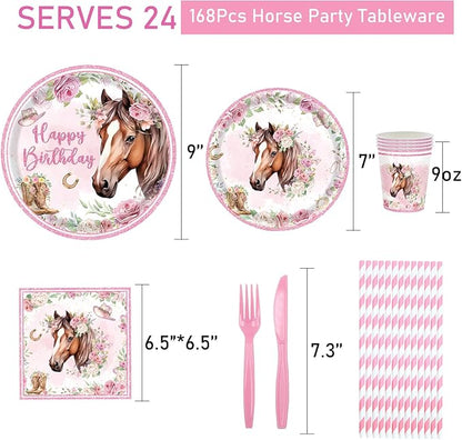168Pcs Horse Party Supplies Cowgirl Horse Birthday Plates and Napkins Cups Disposable Tableware for Pink Wastern Girls Birthday Baby Shower Cowgirl Party Decorations, Serves 24 Guests
