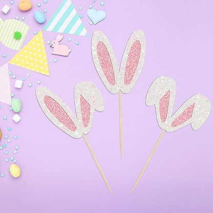 24Pcs Glitter Bunny Ears Cupcake Toppers Easter Rabbit Theme Happy Birthday Cupcake Picks for Bunny Happy Easter Baby Shower Birthday Spring Easter Party Cake Decorations
