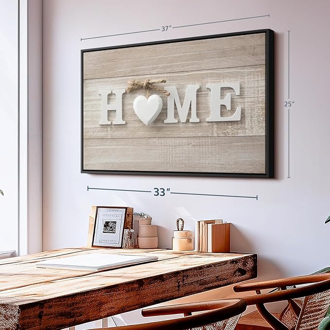 ElephantStock Home Sign Wall Art - Horizontal Floating Framed Canvas - 1-Piece Living Room Wall Decor - Photography Typography Canvas Print - Brown and Beige Decor for Wall - 37" X 25"