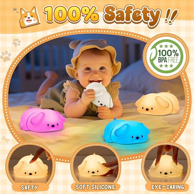One Fire Squishy Silicone Dog Night Light for Kids—16-Color Gradient Breathing Lamp with 25Hr Battery, Tap Control & Portable Design for Nursery/Bedroom/Travel