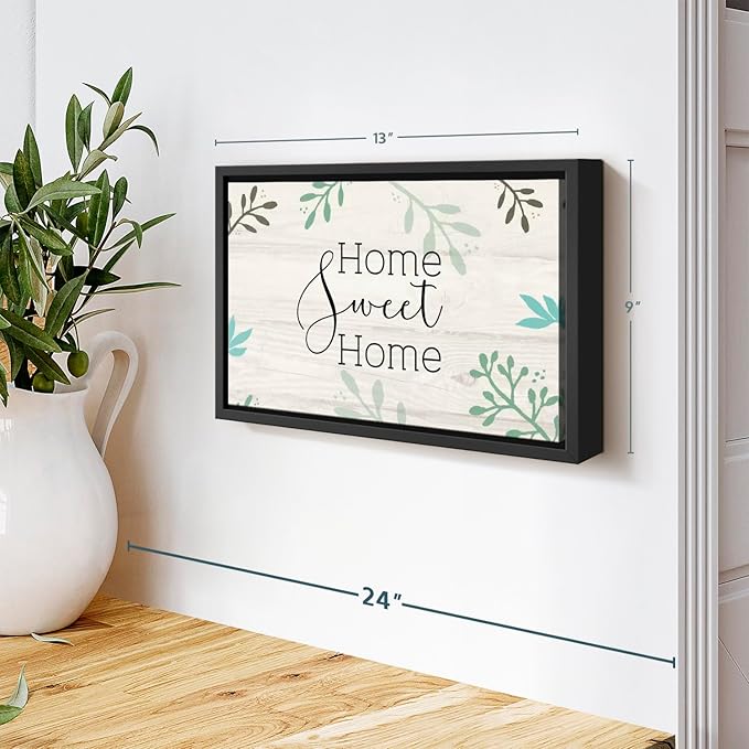 Elephant Stock Home Sweet Home Foliage Wall Art - Horizontal Floating Framed Canvas - 1-Piece Living Room Wall Decor - Leaf Digital Art Canvas Print - Beige and Black Decor for Wall by Susan Jill - 13" X 9"