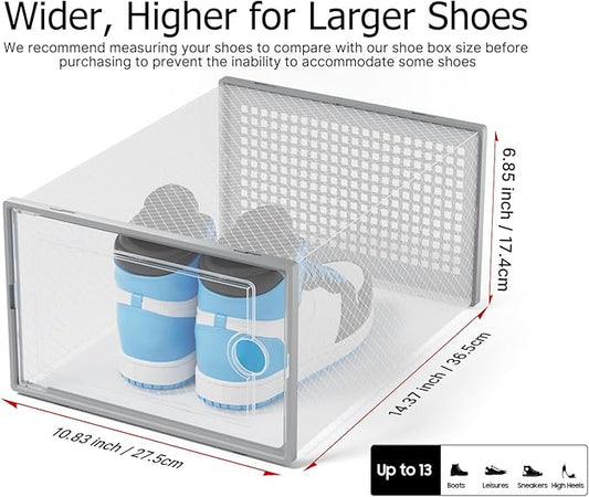 Kuject XX-Large Shoe Storage Boxes Organizers Clear Plastic Stackable 12 Pack, Shoe Rack & Holder Substitute, Sneaker Containers, Shoe Storage Organizer Bins for Closet, Under Bed, Grey(No Fold Line)