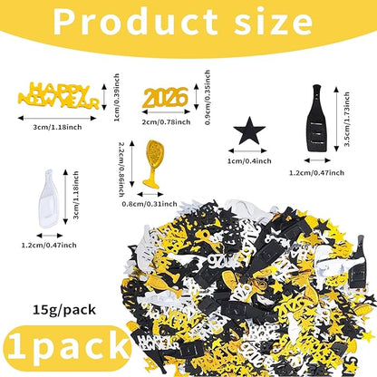 2026 Happy New Year Confetti, New Years Eve Table Decorations, Glitter Gold Black and Silver Star Wine Bottle Sprinkles Champagne Table Scatter Confetti Party Winter Holiday Table Decorations