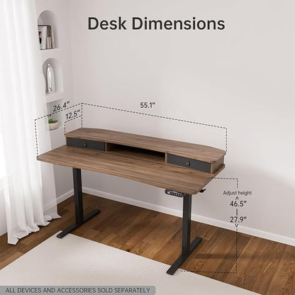 HUANUO 55" x 26" Electric Standing Desk with 2 Drawers, C-Clamp Mount Compatible, Height Adjustable Computer Desk, Home Office Stand Up Desk with 4 Preset Heights & 2 Hooks, Walnut