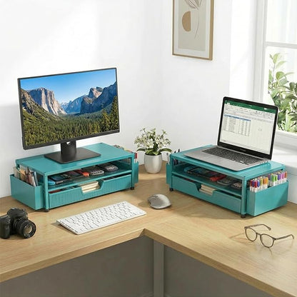 Desk Organizer and Accessories, 2-Tier Computer Monitor Stand Rise with Storage Drawer & 2 Pen Holders, Laptop & Printer Stand for Desktop, Workspace Organizers for Office Supplies (Blue)