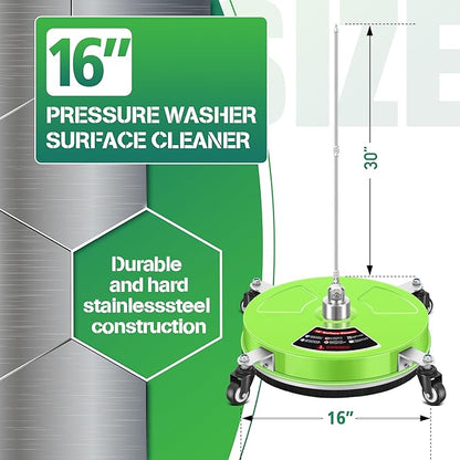 16'' Pressure Washer Surface Cleaner with 4 Wheels - Stainless Steel Surface Cleaner for Pressure Washer Attachment for Concrete, Driveway, Patio, Sidewalk, Deck and Driveways
