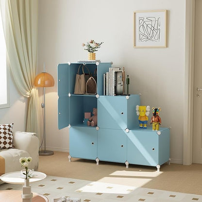 Cube Storage Organizer, 6-Cube Shelves Unit with Doors, DIY Stackable Plastic Clothes Organizer for Bedroom and Under Stairs Storage Unit, Each Compartment 30 x 30 x 30 cm Blue ATTSL6005