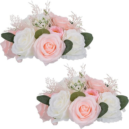 NUPTIO Flower Centerpieces for Tables Decorations: Pink & White Artificial Rose Floral Arrangement for Wedding Party Centerpiece Decor 9.4 Inch Diameter 2 Pcs