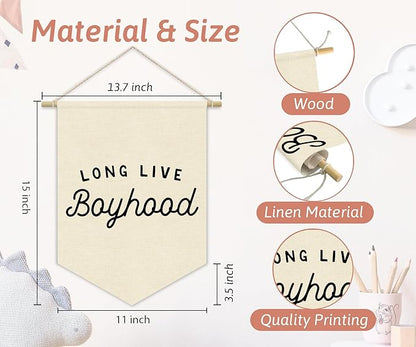Boy Room Decor,Long Live Boyhood Canvas Banner Nursery Playroom Wall Decor for Boys Bedroom Toddler Decorations Teen Boy Room Decor,Playroom Decor Wall Hanging Flag 15x11 Inch（White)