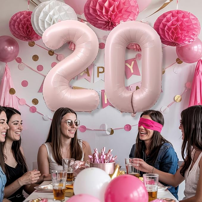 Pastel Pink 20 Balloon Number for Girls, 40'' Self Inflating Number 20 Balloons, Big Light Blush Pink Foil 2 & 0 Helium Balloon 20 for Women Boho Coquette 20th Birthday Party Anniversary Decorations