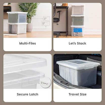 IRIS USA 8 Pack File Box, Plastic File Organizer with Lids for Letter/Legal File, Portable Document Box, Storage Bin with Secure Lid, Pearl 35 Qt.