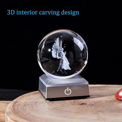 3D Guardian Angel Figurines K9 Crystal Ball with Silver LED Base Memorial Angel Gifts for Friends Women Glass Decor for Home (3.15 in.)