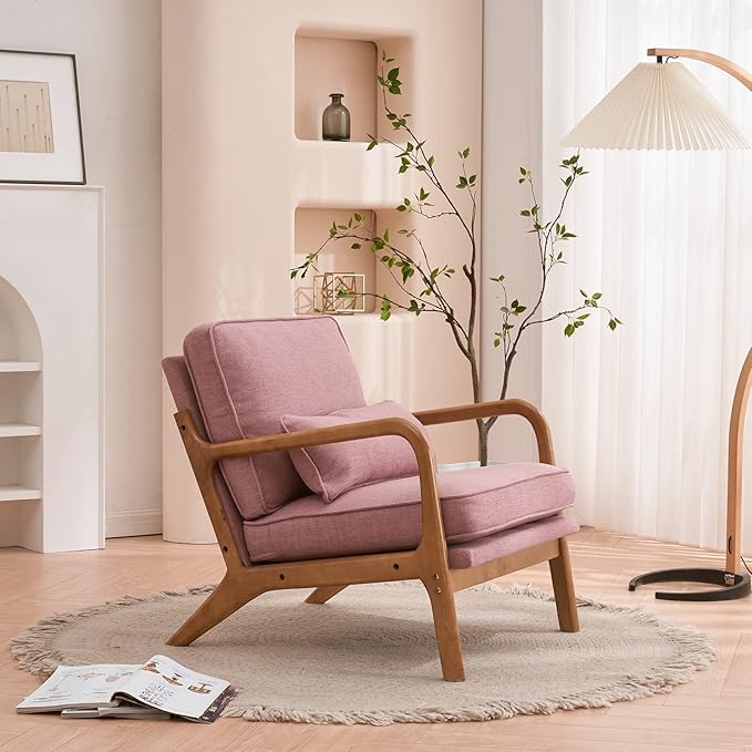 Bonnlo Pink Accent Chairs Set of 2, Upholstered Mid Century Modern Lounge Chairs Reading Chairs Side Sitting Chair Solid Wood Farmhouse Armchairs for Living Room, Bedroom, Guest Room