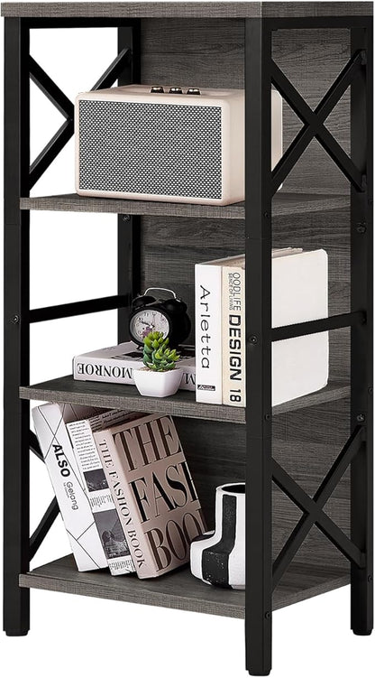 Small Bookshelf,4 Tier Industrial Bookcase with Metal Frame and Backboard,Narrow Rustic Gery Book Shelf,Book case for Small Spaces,Living Room,Bedroom and Home Office