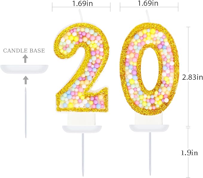 20th Birthday Candle for Cake, Colorful Macaron Numeral Candles for Women/Men, Birthday Party Cake Decorations, Golden Cake Topper for Birthday Party Supplies (Number 20)