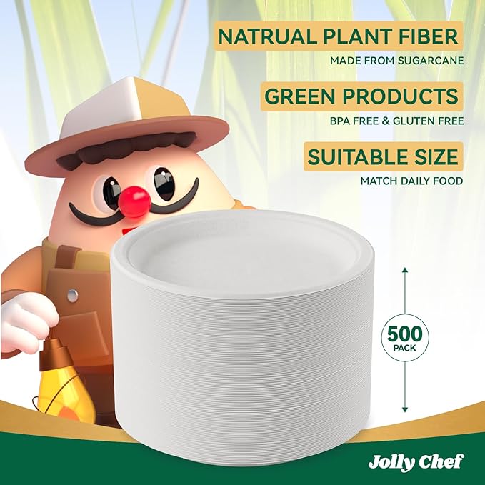 JOLLY CHEF Compostable Heavy Duty Plates 𝟭𝟬 𝗜𝗻𝗰𝗵 [𝟱𝟬𝟬 𝗣𝗮𝗰𝗸] Eco-Friendly Disposable White Paper Plates Made of Bagasse Biodegradable Bulk for Party Dinner Sugarcane Lunch Christmas