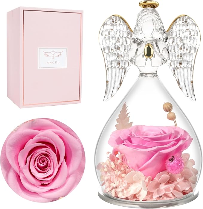 Miofula Preserved Flower Rose Birthday Gifts for Mom, Angel Figurines with Forever Real Rose Gifts for Her Mom Grandma, Angels Gifts for Mothers Day Christmas Anniversary Thanksgiving Birthday Gifts