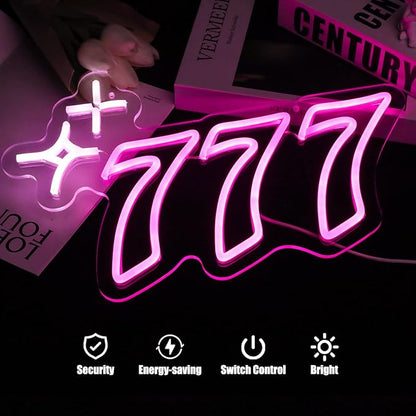 777 Neon Sign Angel Number Neon LED Sign Luck Seven Neon Lights Pink White Star Neon Signs for Wall Lucky Number LED Neon Light Up Sign Neon Light Sign for Bedroom Bar Birthday Party Decor