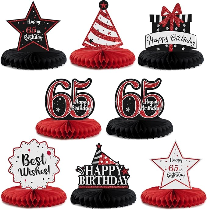 Happy 65th Birthday Decorations,65th Bday Red Glitter Shiny Stand Honeycomb Table Centerpieces - Cheers to 65 Years Old Birthday Party Photoprop Gift Sign.