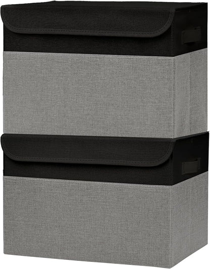 Large 42 Quarts Fabric Storage Bins with Lids [2-Pack] Linen Collapsible Foldable Storage Cubes, Closet Organizer Containers boxes with Handles for Home Office (16.7 x 12 x 12, Black & Gray)