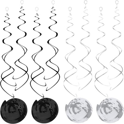 30pc Hanging Swirl Decorations Black and Silver Party Streamers for Ceiling 24" Swirl Spiral Decorations
