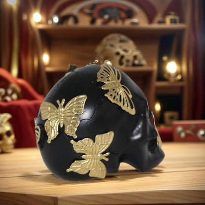 Black Skull Statue with Glod Butterfly,Halloween Decoration Home Decor Collectible Figurines (Small)
