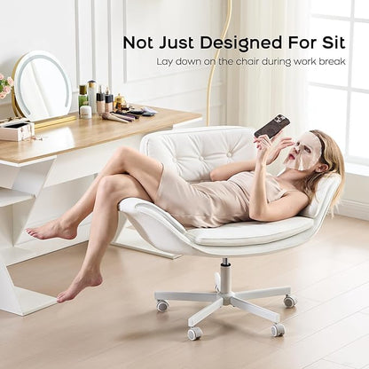 Criss Cross Chair with Armrests & Wheels, PU Leather Vanity Chair, Comfortable Adjustable Swivel Computer Office Desk Chairs for Home, Make Up, Bed Room (White)