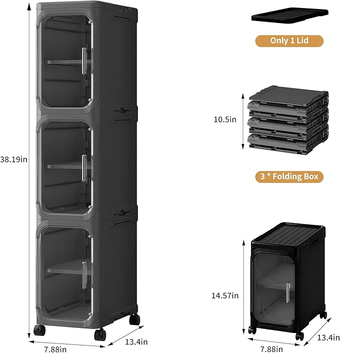 3-Tier Slim Narrow Storage Cabinet with Adjustable Shelves and Movable Wheels, Anti-Tip, Bathroom Storage and Organizers for Small Space, Bathroom, Kitchen, Laundry, Black