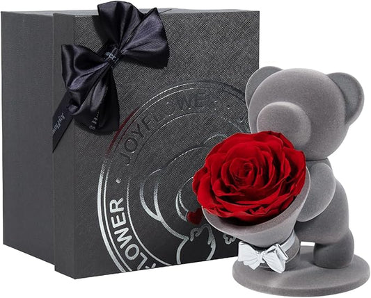 JoyFlower Cute Teddy Bear with Preserved Rose, Eternal Real Rose in Bear with Elegant Gift Box, Romantic Gift for Girlfriend Wife Her in Valentine's Day, Birthday, Christmas, Weddings, Anniversaries