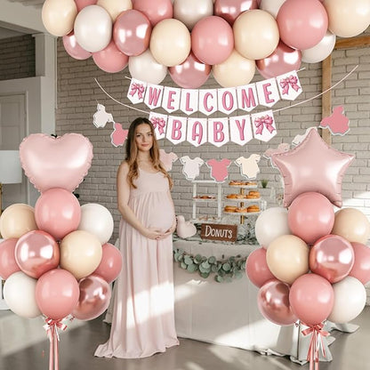 Dusty Pink Baby Shower Decorations Oh Welcome Baby Girls Balloon Set with Star Heart Foil Balloons Bunting Banner Bodysuit Garland Bow Boho Blush Beige Rose Gold White Sand Gender Reveal Party Boys