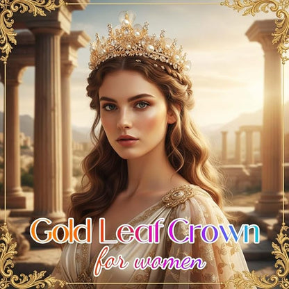 Catery Gold Leaf Crown Pearl Tiaras Bridal Headband Rhinestone Vintage Headpiece for Women