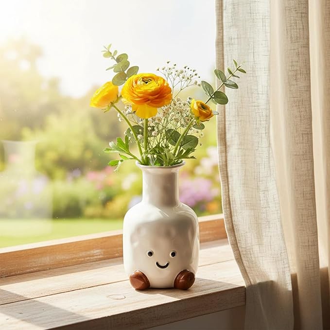 Handmade Ceramic Smile Vase-Cute White Ceramic Vase-White Modern Flower Vase-Round Aesthetic Table Flower Vase-Funny Decor AccentPot for Indoor and Outdoor vase