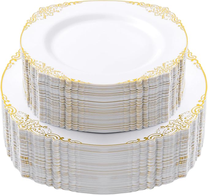 100 PCS White and Gold Plastic Plates for 50 Guests, Gold Disposable Plates Include 50 PCS Dinner Plates, 50 PCS Dessert Plates for Party, Wedding and Graduation