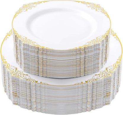 100 PCS White and Gold Plastic Plates for 50 Guests, Gold Disposable Plates Include 50 PCS Dinner Plates, 50 PCS Dessert Plates for Party, Wedding and Graduation