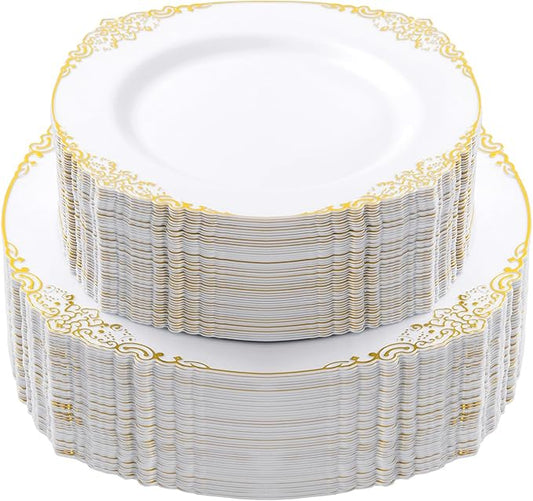 100 PCS White and Gold Plastic Plates for 50 Guests, Gold Disposable Plates Include 50 PCS Dinner Plates, 50 PCS Dessert Plates for Party, Wedding and Graduation