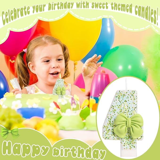 Birthday Candle for Cake, Green Bow Number Cake Candles, 2.76 inch Cake Topper Decoration for Birthday Party (Number 4)