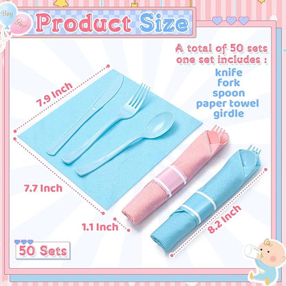 Lasnten 200 Pcs Pre-rolled Light Pink and Blue Plastic Silverware Set for 50 Guest Baby Gender Reveal Party Supplies Include Napkins Knives Spoons and Forks for Baby Shower (Light Pink and Blue)