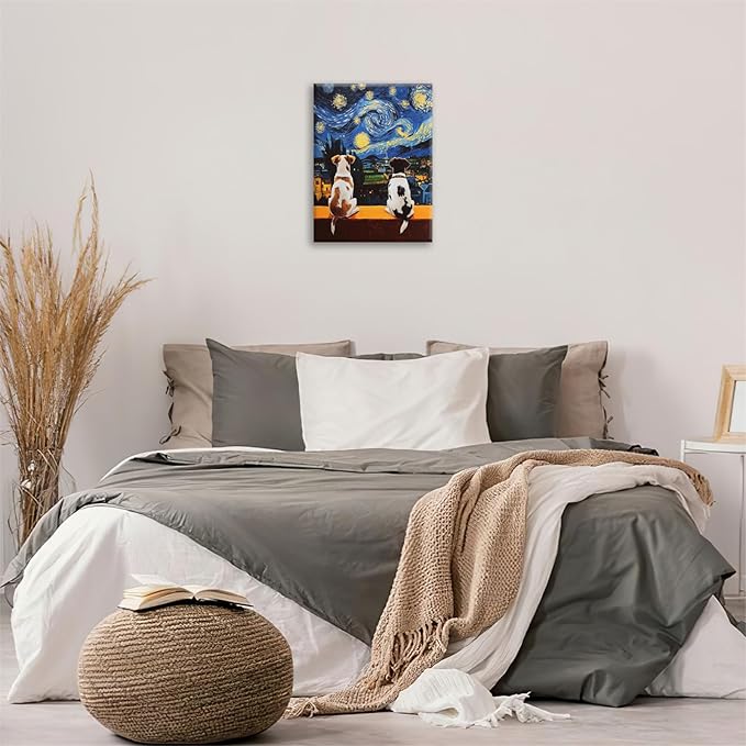 Dog Wall Art, Starry Night Dogs Pictures Wall Decor, Animal Canvas Prints Painting, Framed Artwork for Bathroom Living Room Bedroom Office Dining Room 20"X16"
