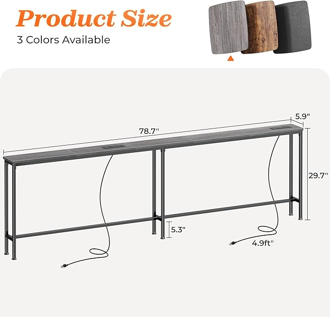 SUPERJARE 79 Inch Sofa Table with 2 Power Outlets and USB-C Ports, 5.9 Inch Narrow Console Table with Storage, Long Entryway Hallway Couch Table Behind Sofa, Small Spaces, Living Room, Grey